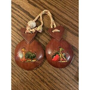 Vintage Spanish Espana Hand Painted Castanets w/Great Graphics Bull Fighter